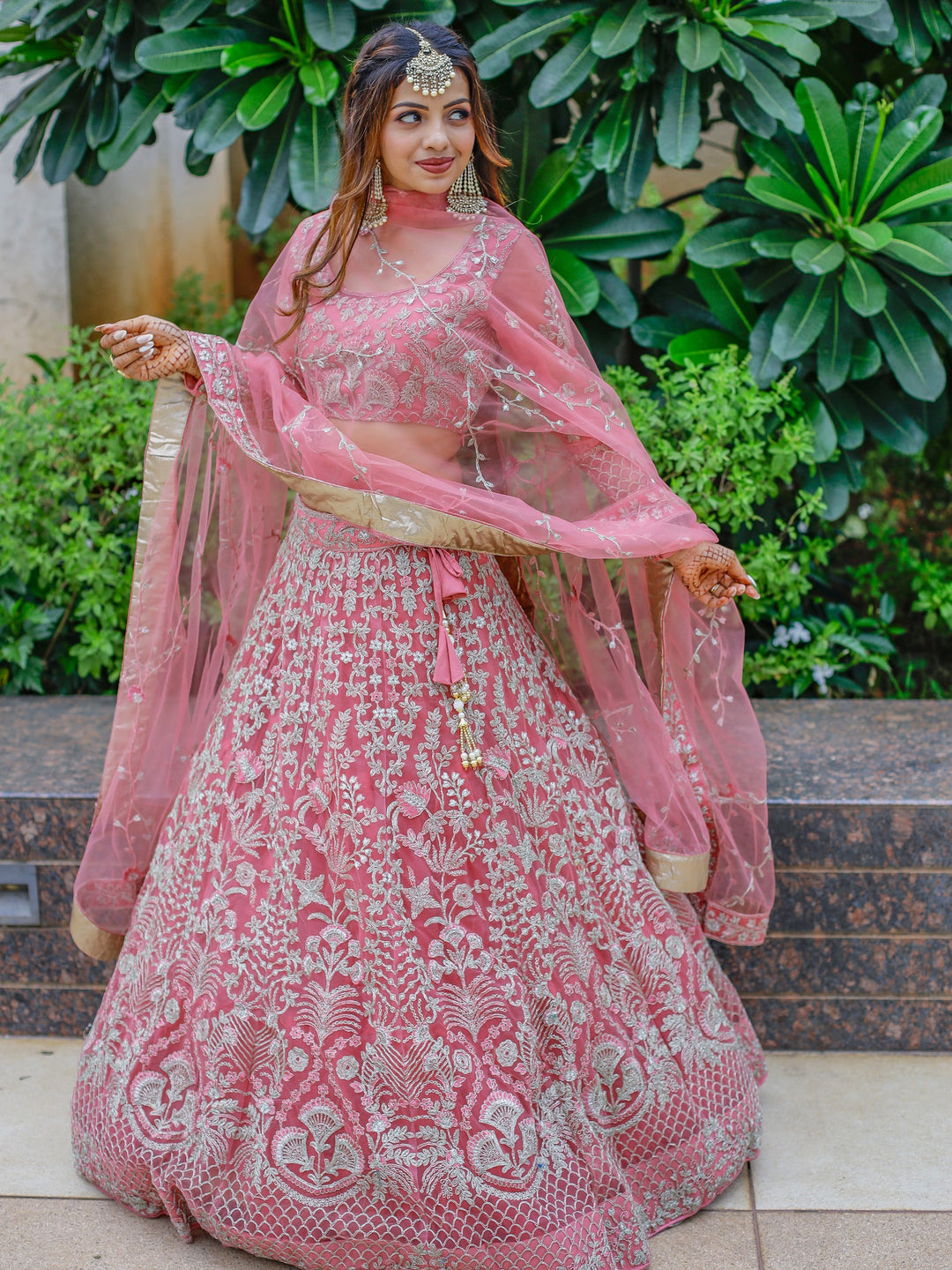 Pink Dori Work Net Engagement Wear Lehenga Choli