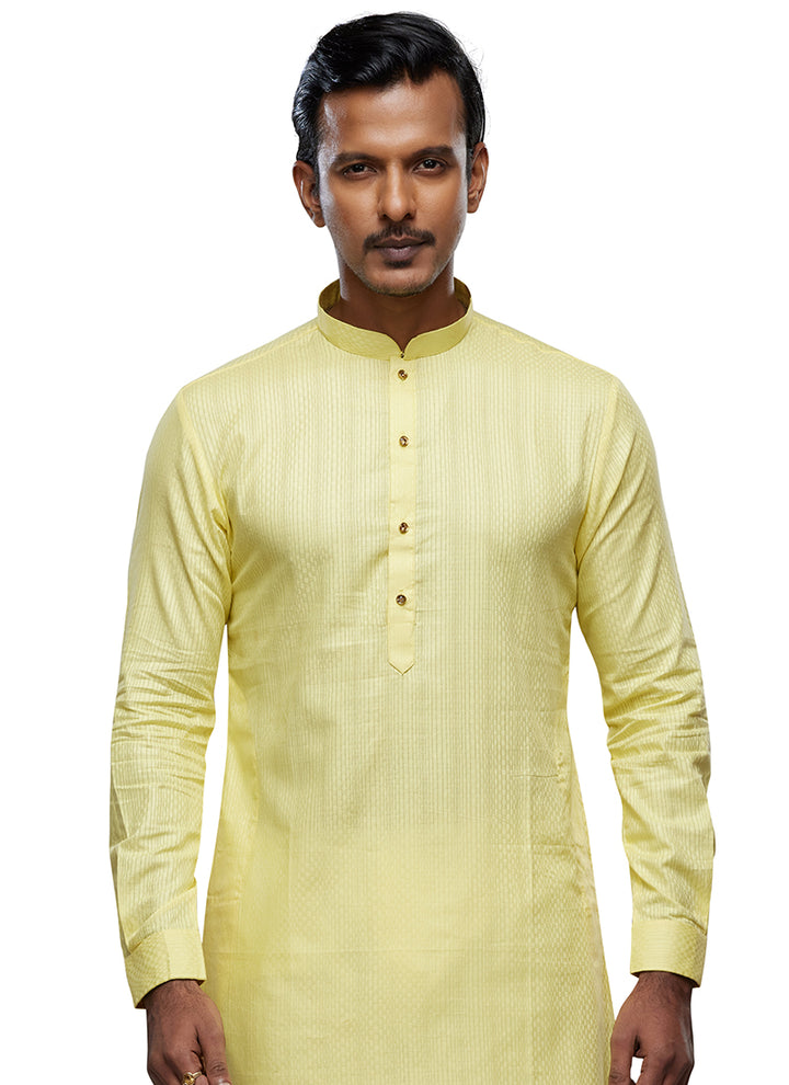 Lemon Art Silk Party Wear Thread Work Readymade Mens Kurta Pajama
