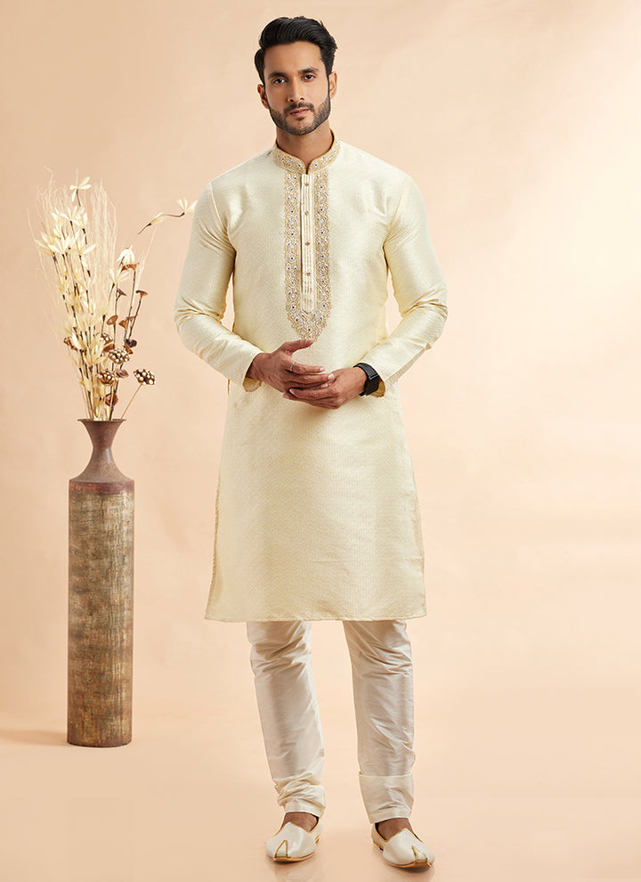 Jacquard Art Silk Lemon Festival Wear Machine Work Readymade Kurta Pajama