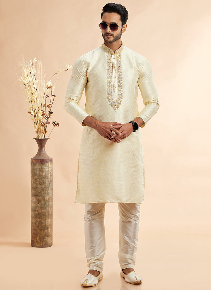 Jacquard Art Silk Lemon Festival Wear Machine Work Readymade Kurta Pajama