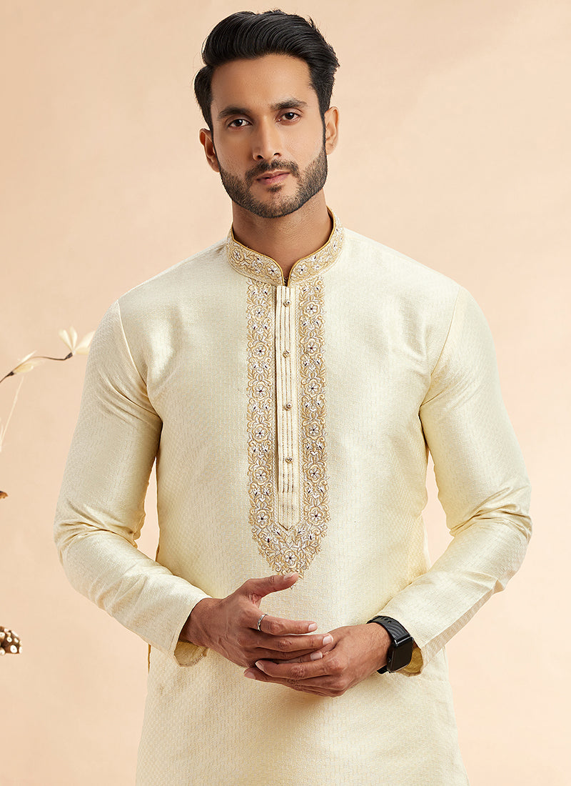 Jacquard Art Silk Lemon Festival Wear Machine Work Readymade Kurta Pajama