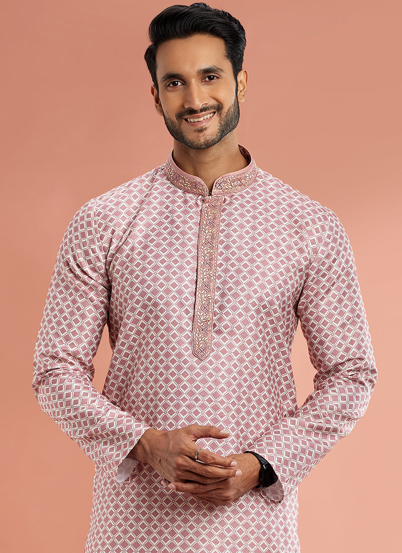 Art Cotton Silk Ligh Purple Traditional Wear Thread Work Kurta Pajama