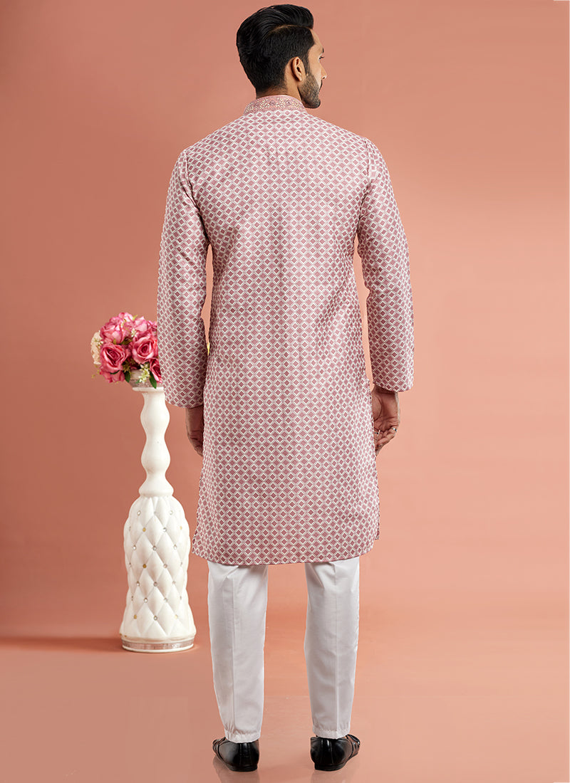 Art Cotton Silk Ligh Purple Traditional Wear Thread Work Kurta Pajama