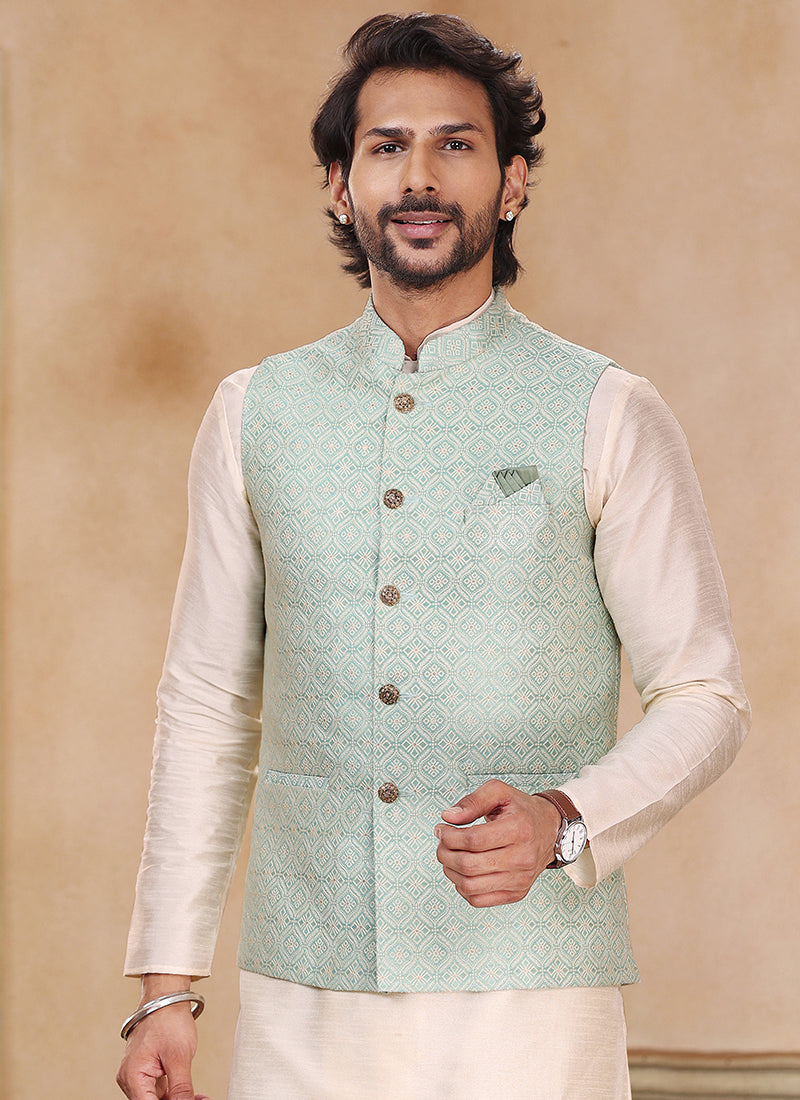Light Blue Banarasi Silk Traditional Wear Weaving Kurta Pajama With Jacket