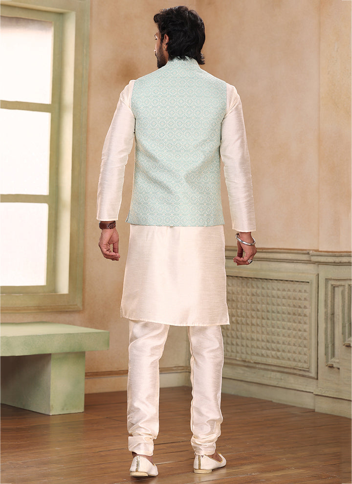 Light Blue Banarasi Silk Traditional Wear Weaving Kurta Pajama With Jacket