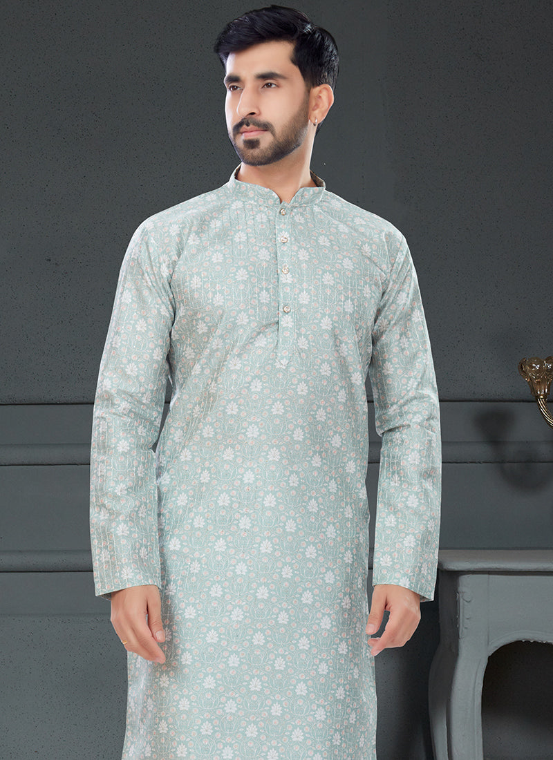 Light Blue Grey Silk Traditional Wear Digital Printed Kurta Pajama