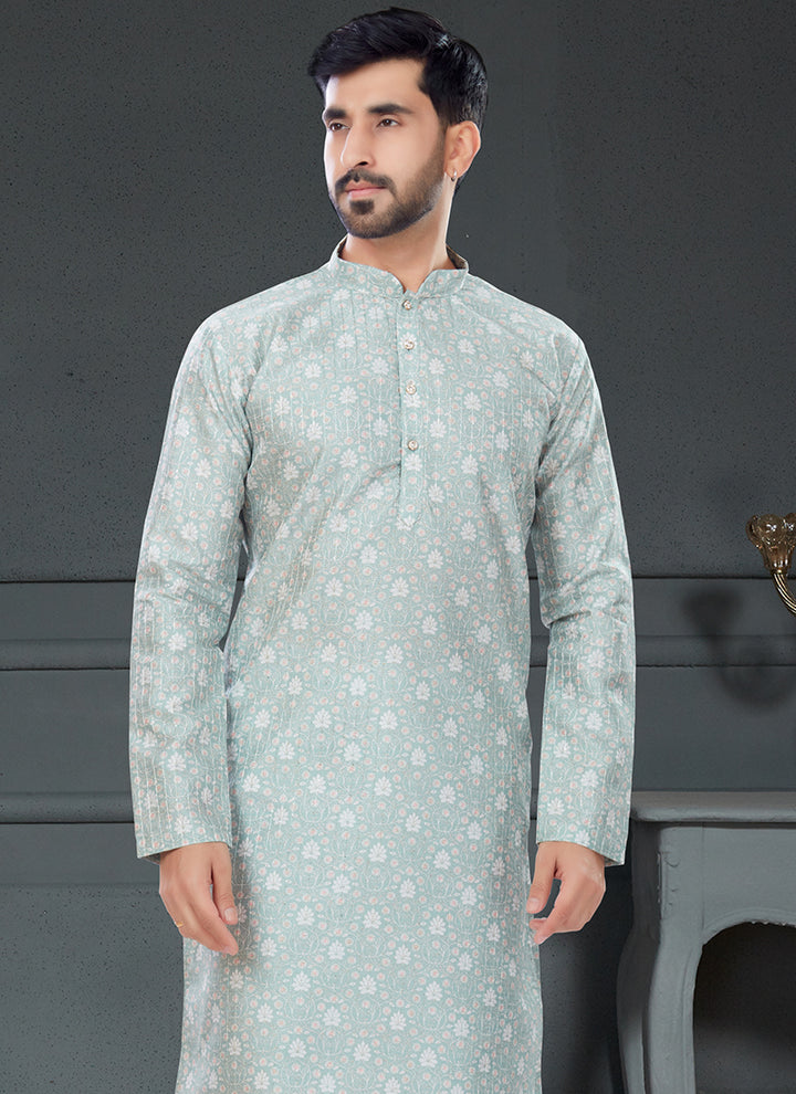 Light Blue Grey Silk Traditional Wear Digital Printed Kurta Pajama