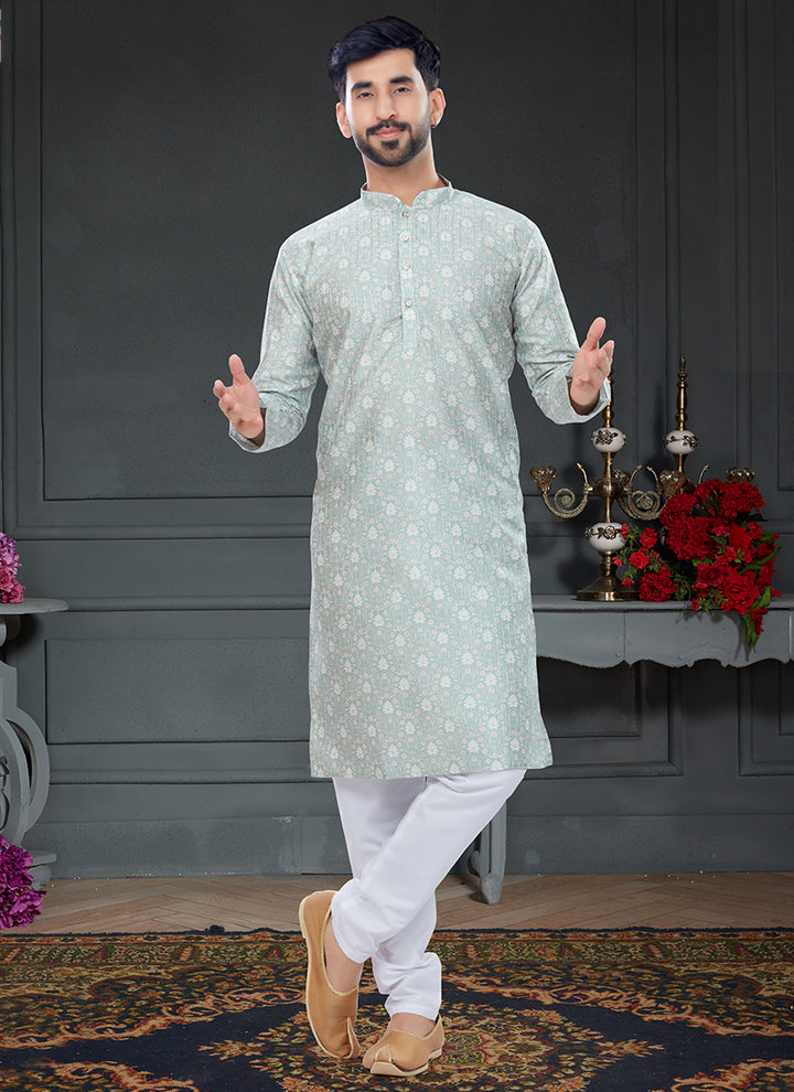 Light Blue Grey Silk Traditional Wear Digital Printed Kurta Pajama