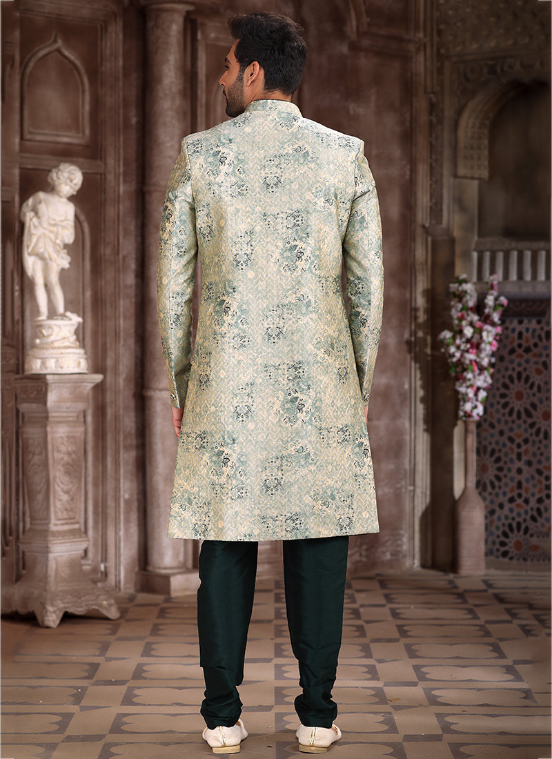 Light Green Art Silk Traditional Wear Printed Sherwani