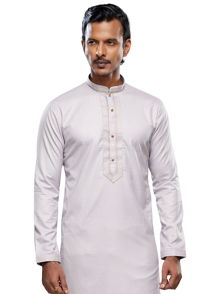 Light Grey Art Silk Party Wear Thread Work Readymade Mens Kurta Pajama