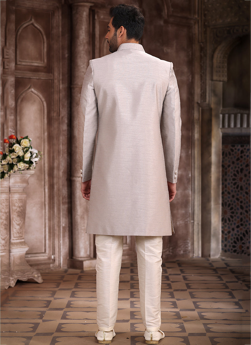 Light Grey Art Silk Wedding Wear Embroidery Work Sherwani