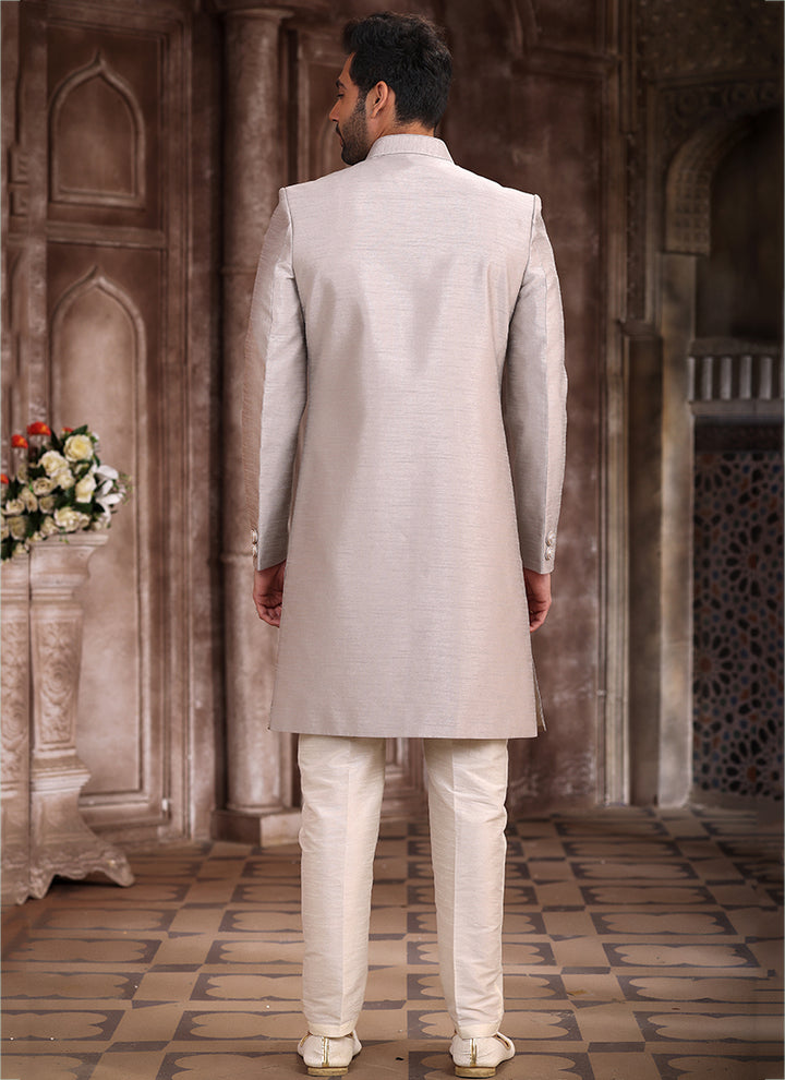 Light Grey Art Silk Wedding Wear Embroidery Work Sherwani