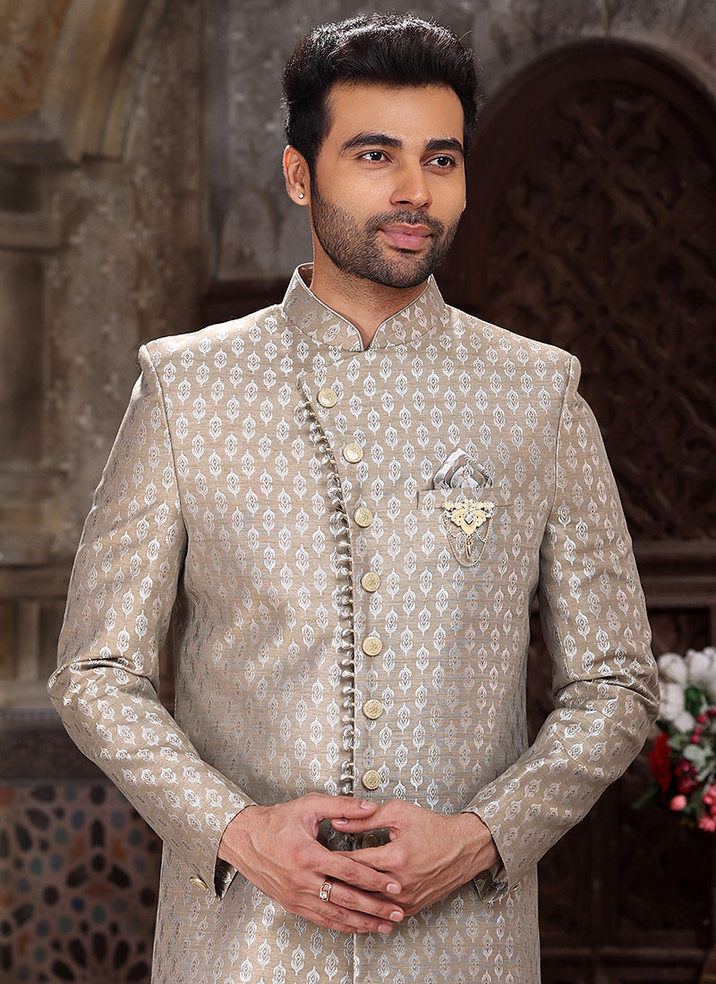 Light Grey Banarasi Jacquard Reception Wear Weaving Mens Indo Western