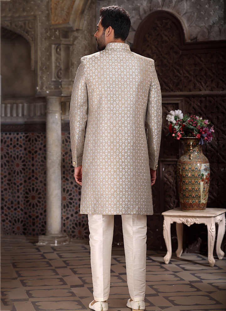 Light Grey Banarasi Jacquard Reception Wear Weaving Mens Indo Western