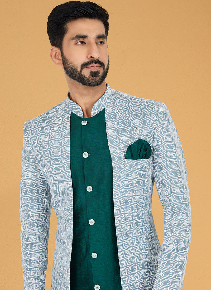 Light Grey Green Silk Banarasi Dhupion Wedding Wear Embroidery Work Mens Indo Western