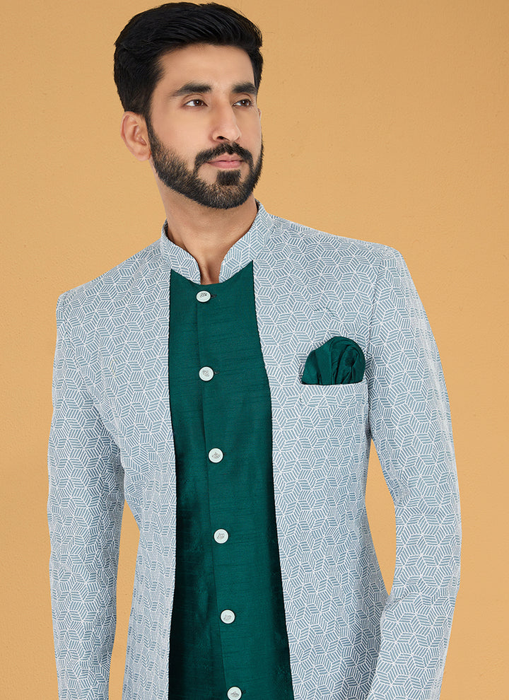 Light Grey Green Silk Banarasi Dhupion Wedding Wear Embroidery Work Mens Indo Western