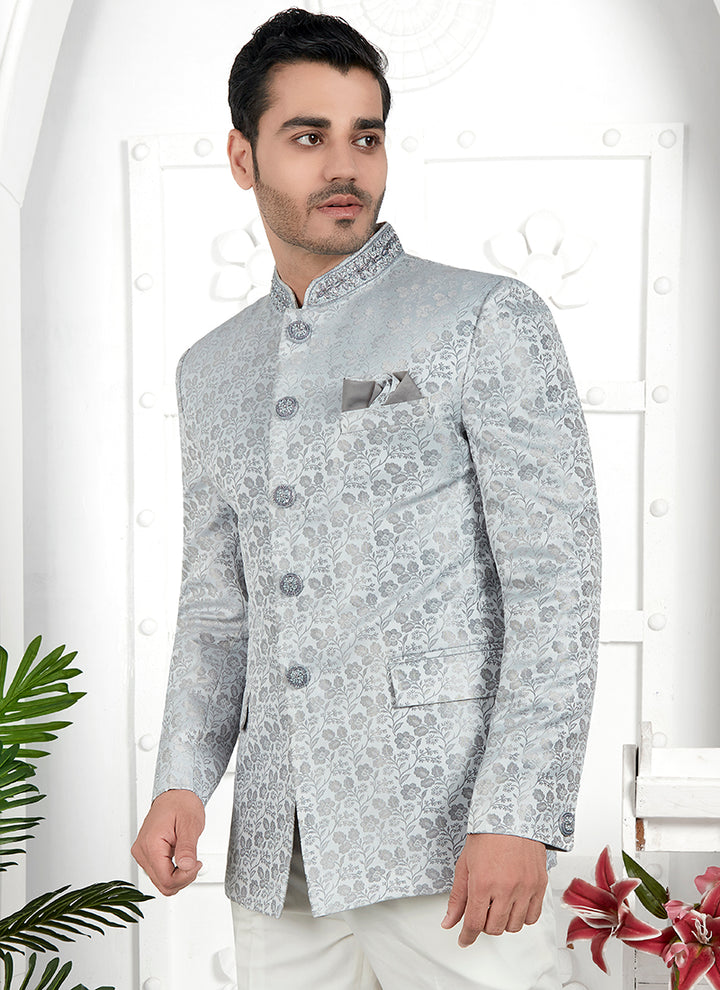 Light Grey Imported Jaquard Silk Party Wear Pattern Pc Work Readymade Mens Jacket