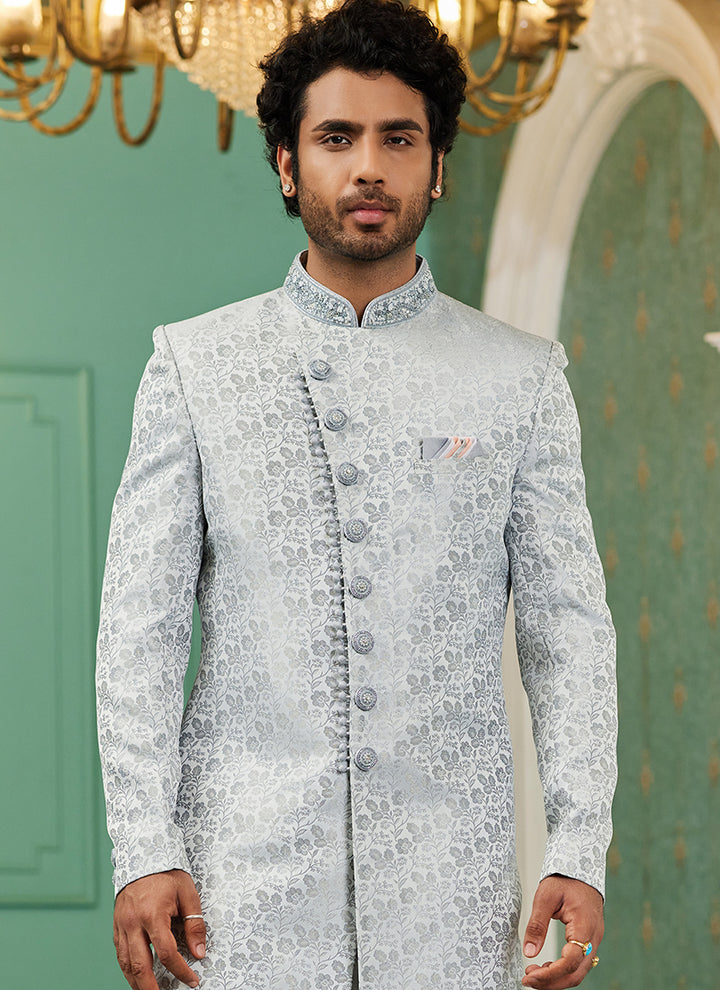 Light Grey Jacquard Silk Wedding Wear Hand Work IndoWestern