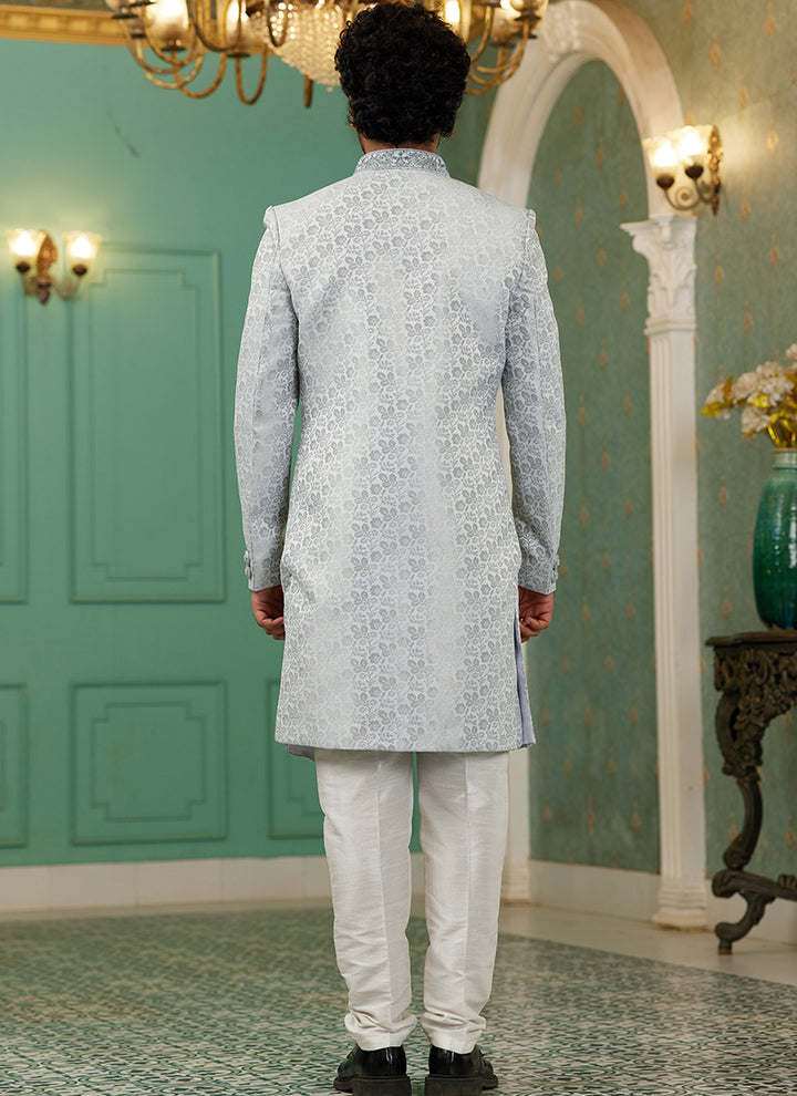 Light Grey Jacquard Silk Wedding Wear Hand Work IndoWestern