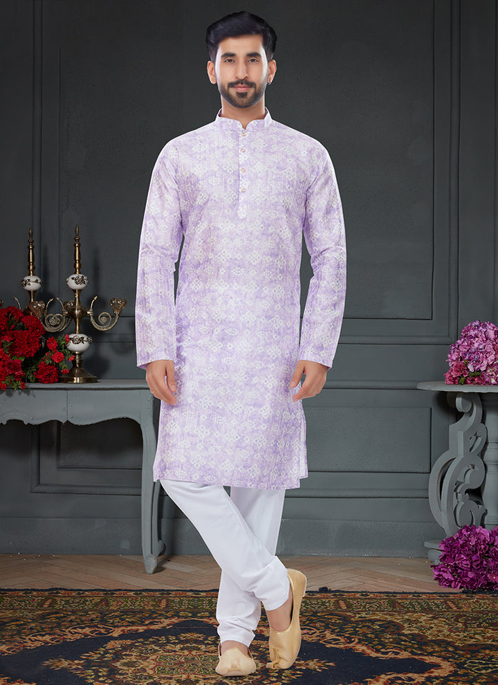 Light Lavender Silk Traditional Wear Digital Printed Kurta Pajama