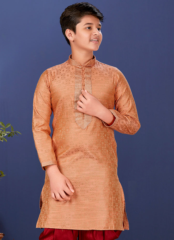 Jacquard Silk Light Orange Wedding Wear Weaving Readymade Kurta Pajama