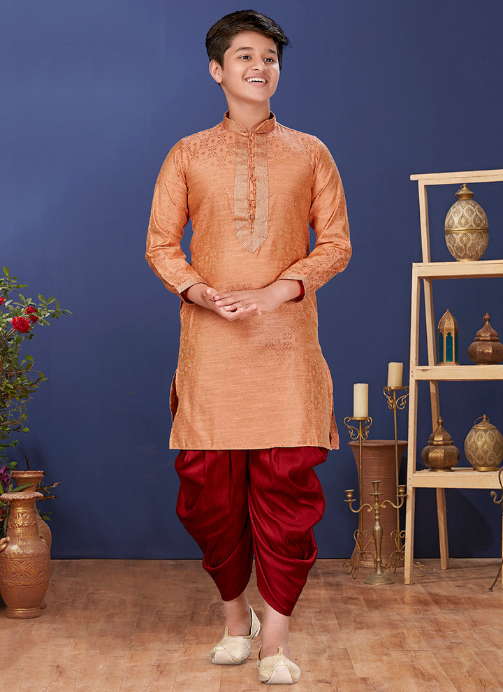 Jacquard Silk Light Orange Wedding Wear Weaving Readymade Kurta Pajama