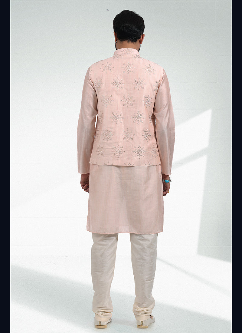Light Peach Banarasi Silk Festival Wear Jacquard Kurta Pajama With Jacket
