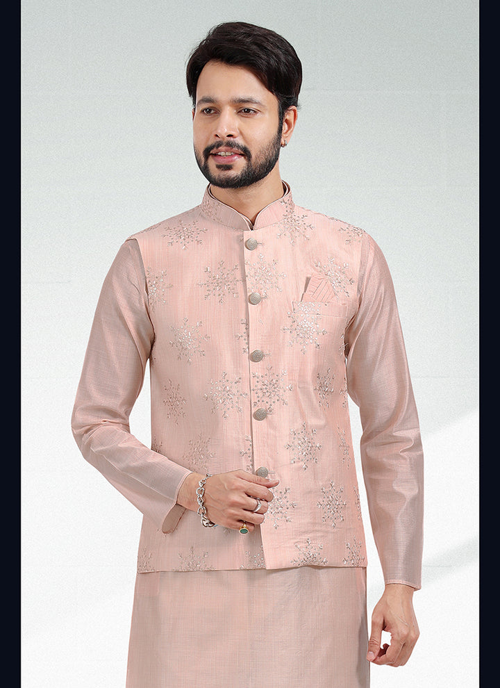 Light Peach Banarasi Silk Festival Wear Jacquard Kurta Pajama With Jacket