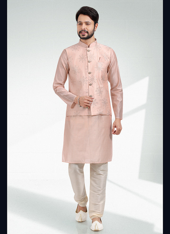 Light Peach Banarasi Silk Festival Wear Jacquard Kurta Pajama With Jacket