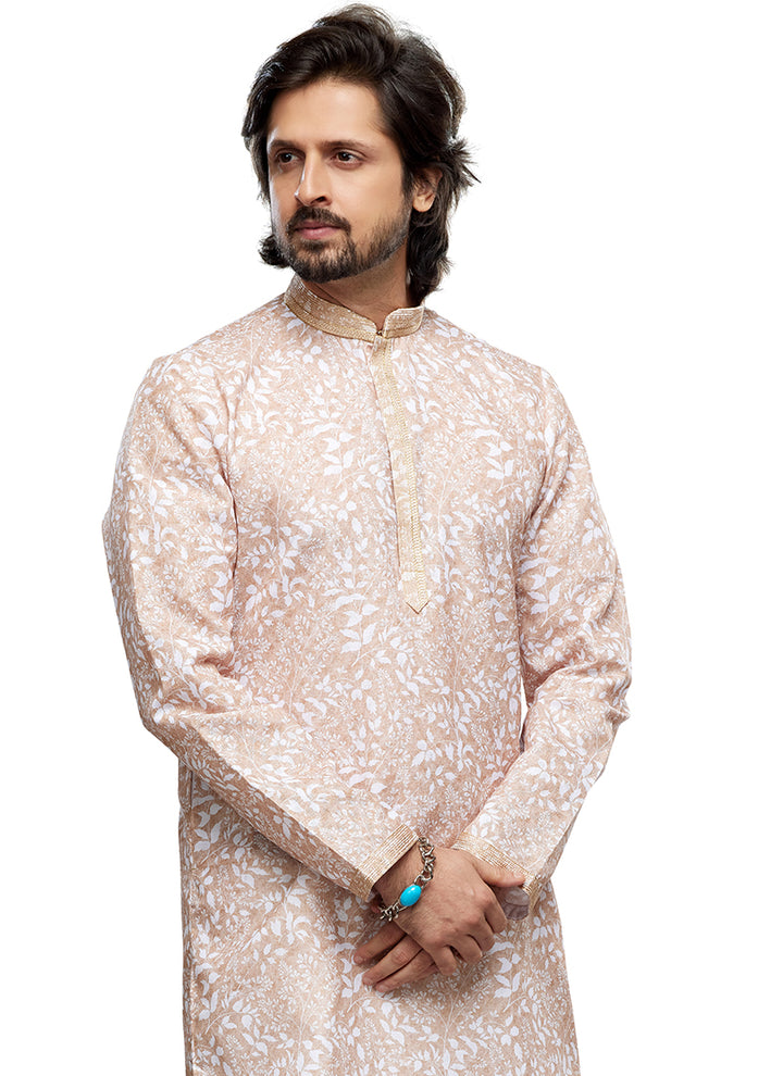 Light Peach Cotton Party Wear Thread Work Readymade Mens Kurta Pajama