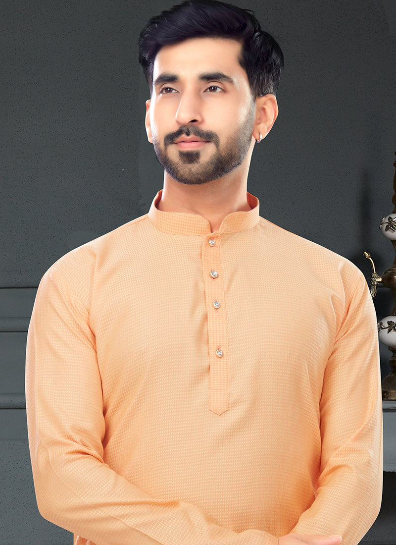 Light Peach Cotton Traditional Wear Jacquard Kurta Pajama