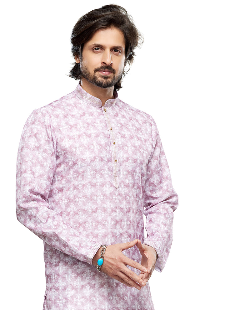 Light Pink Cotton Party Wear Thread Work Readymade Mens Kurta Pajama