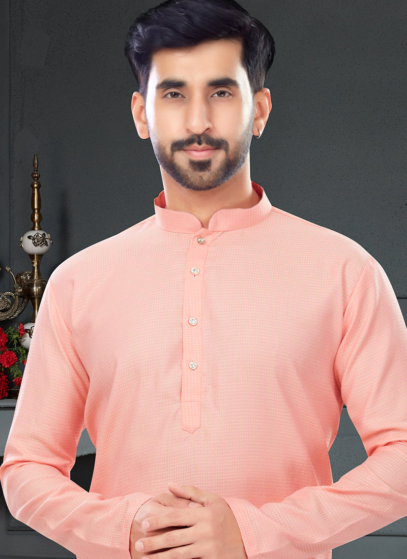 Light Pink Cotton Traditional Wear Jacquard Kurta Pajama