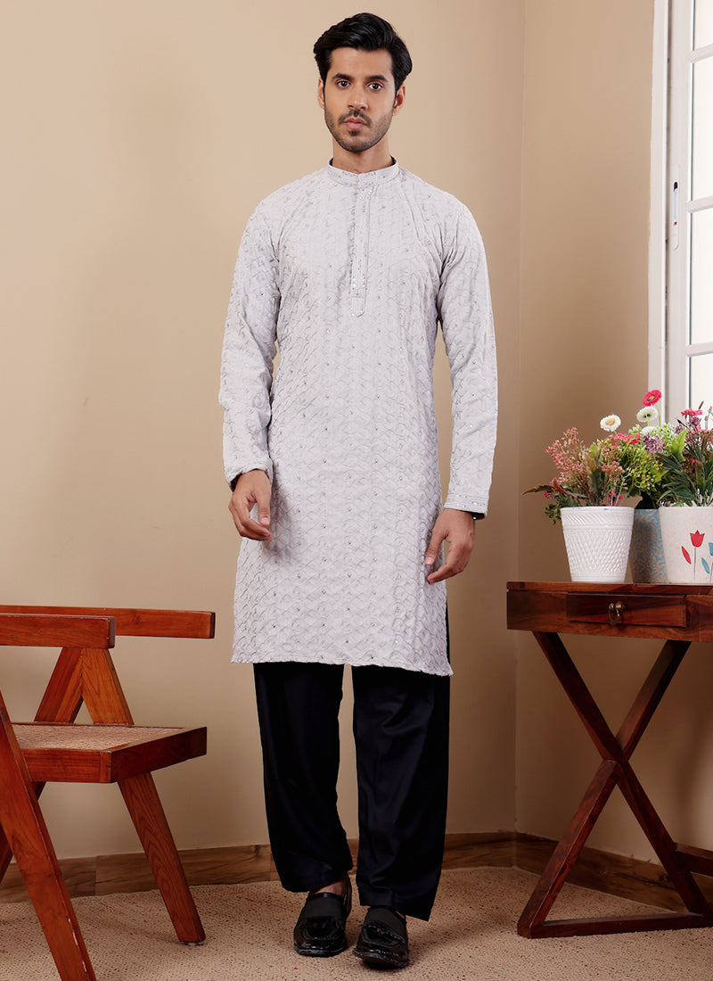 Linen Off White Traditional Wear Embroidery Work Readymade Kurta Pajama
