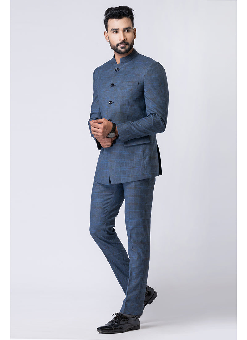 Polyester Tr Light Blue Party Wear Pattern Pc Readymade Jodhpuri Suit