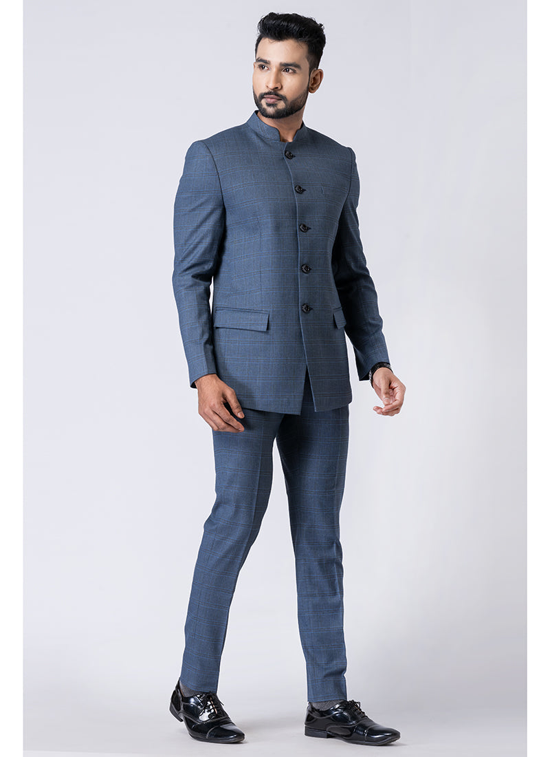 Polyester Tr Light Blue Party Wear Pattern Pc Readymade Jodhpuri Suit