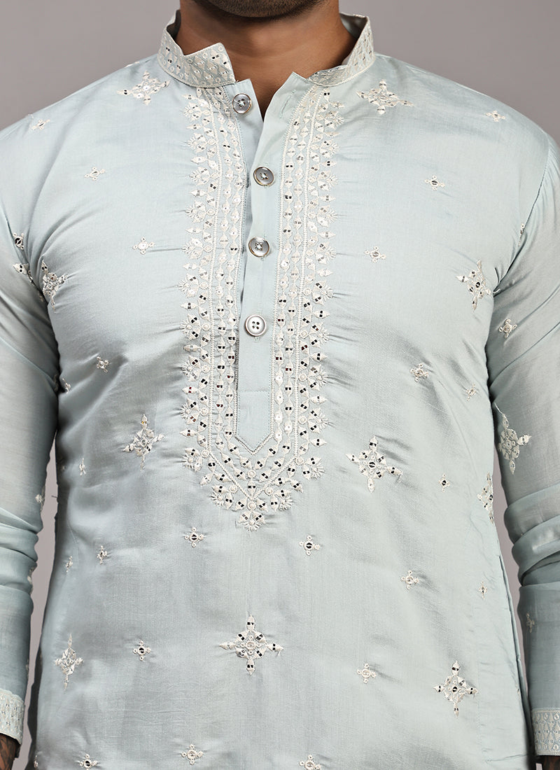 Silk Light Blue Festival Wear Weaving  Readymade Kurta Pajama