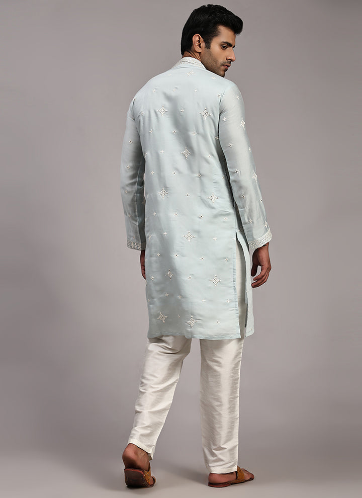 Silk Light Blue Festival Wear Weaving  Readymade Kurta Pajama