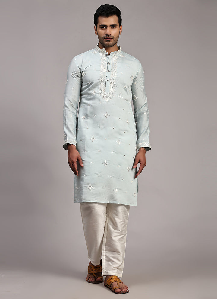 Silk Light Blue Festival Wear Weaving  Readymade Kurta Pajama