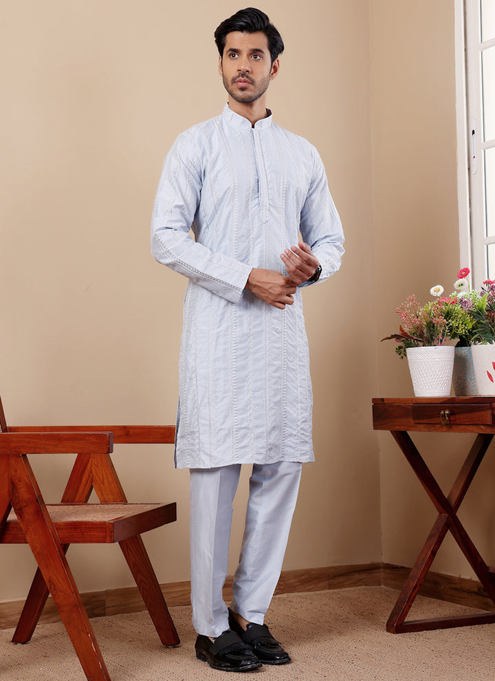 Silk Light Blue Traditional Wear Embroidery Work Readymade Kurta Pajama