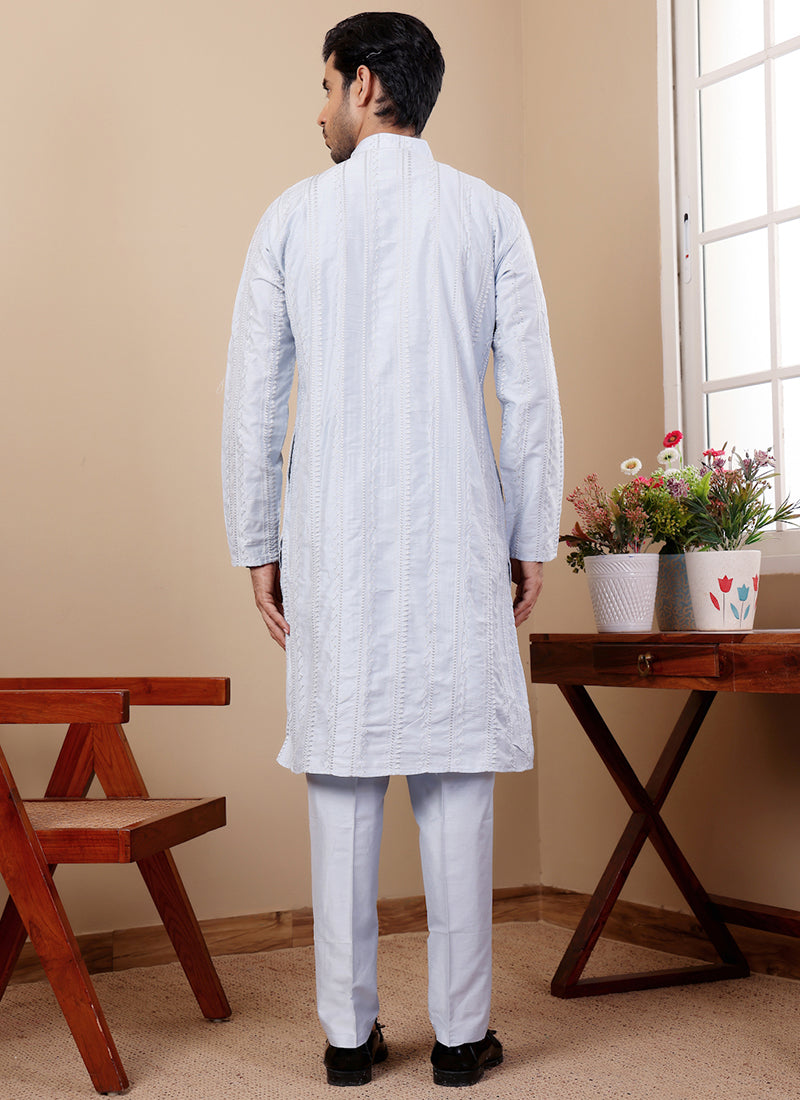 Silk Light Blue Traditional Wear Embroidery Work Readymade Kurta Pajama