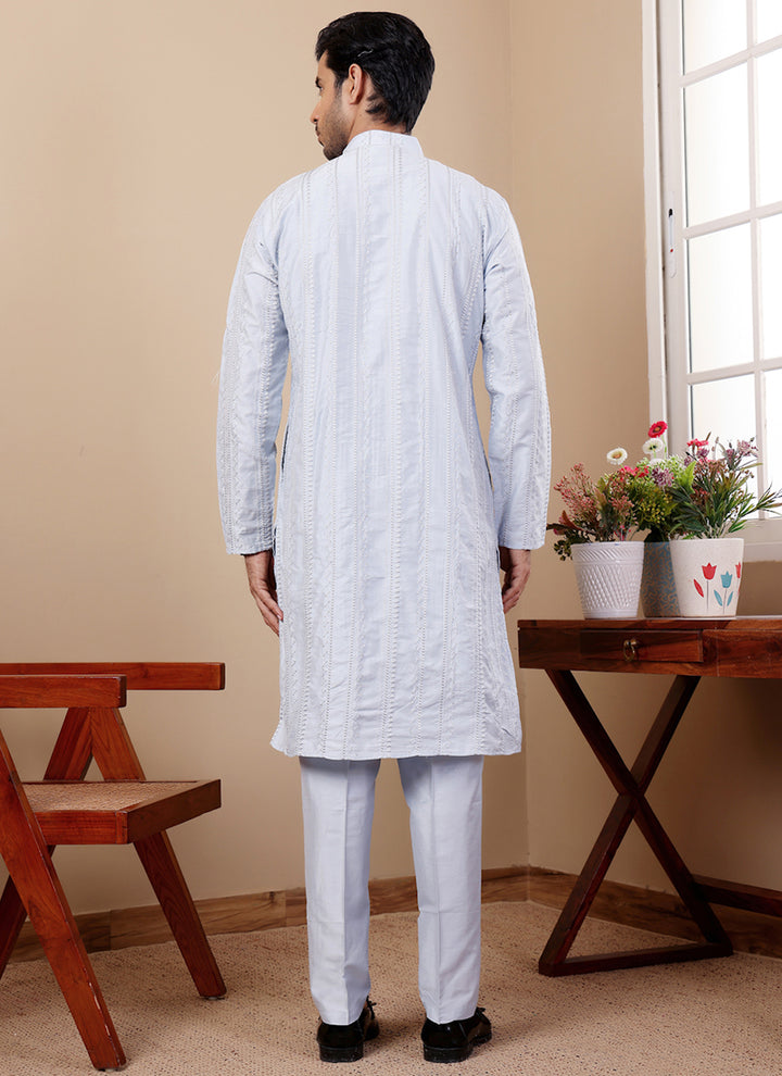 Silk Light Blue Traditional Wear Embroidery Work Readymade Kurta Pajama
