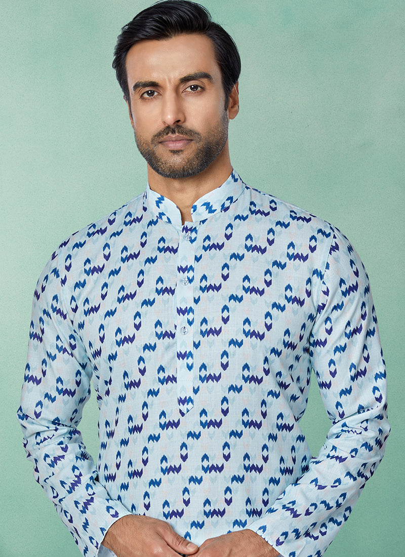 Dhupion Silk Light Blue,multi Festival Wear Printed Readymade Kurta Pajama