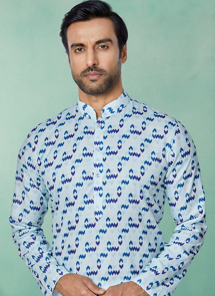 Dhupion Silk Light Blue,multi Festival Wear Printed Readymade Kurta Pajama