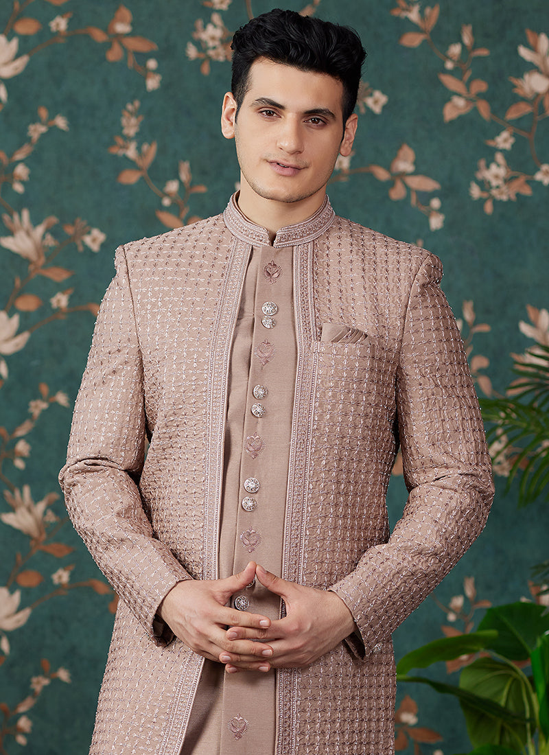 Art Silk Light Brown Groom Wear Thread Work Readymade Sherwani