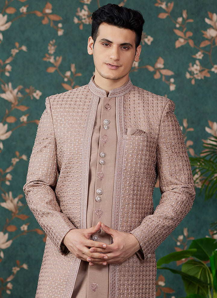 Art Silk Light Brown Groom Wear Thread Work Readymade Sherwani