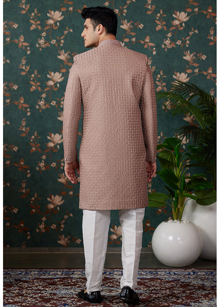 Art Silk Light Brown Groom Wear Thread Work Readymade Sherwani