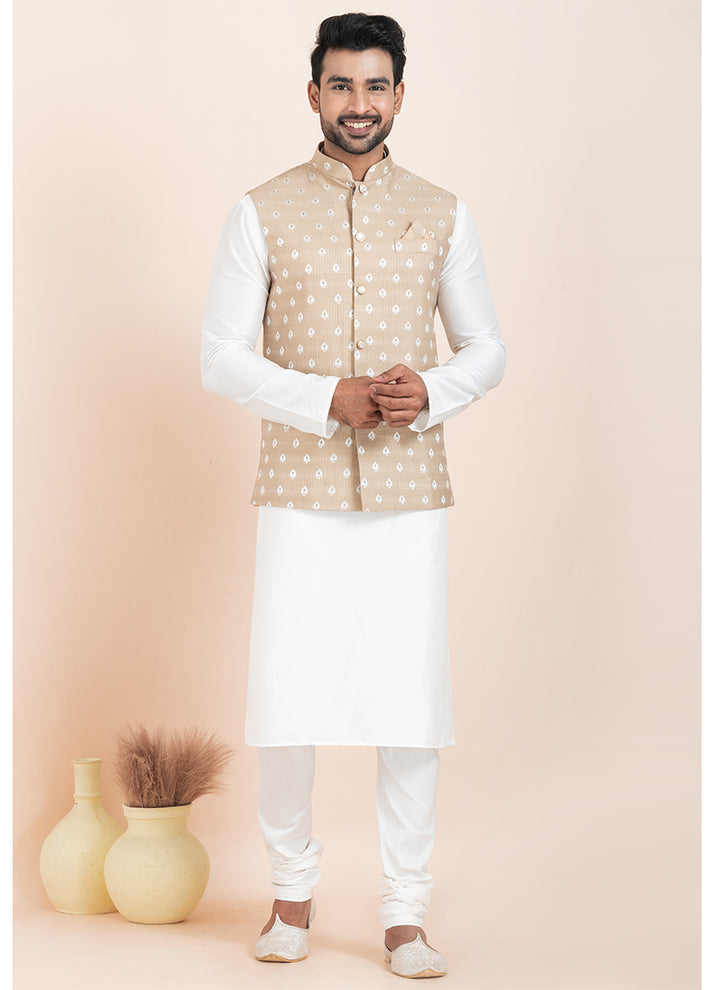 Banarasi Silk Light Brown Festival Wear Jacquard Work Readymade Modi Jacket Kurta Pajama