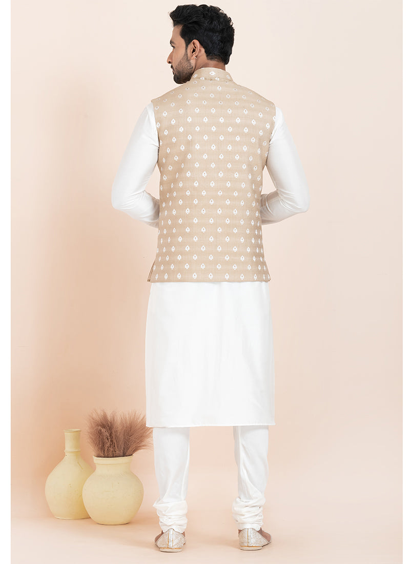 Banarasi Silk Light Brown Festival Wear Jacquard Work Readymade Modi Jacket Kurta Pajama