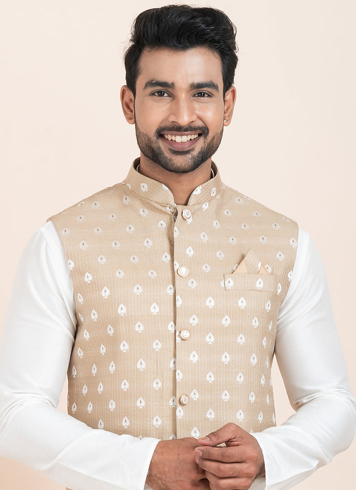 Banarasi Silk Light Brown Festival Wear Jacquard Work Readymade Modi Jacket Kurta Pajama